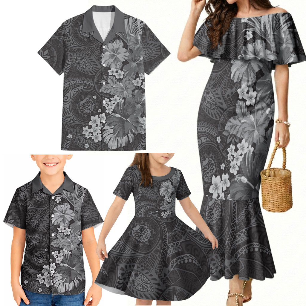 Pauli Hawai'i Hibiscus Family Matching Mermaid Dress and Hawaiian Shirt Polynesian Tribal Tattoo Pattern Floral Elements