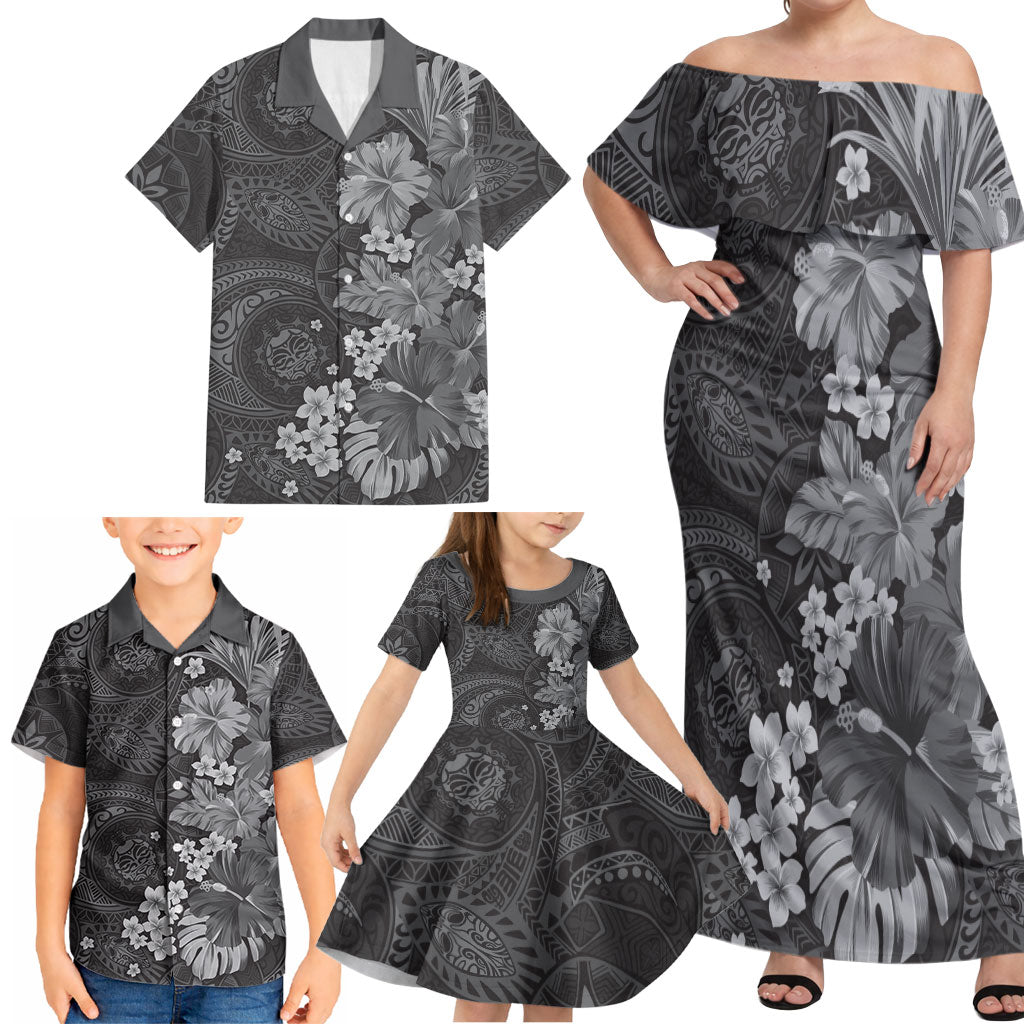 Pauli Hawai'i Hibiscus Family Matching Off Shoulder Maxi Dress and Hawaiian Shirt Polynesian Tribal Tattoo Pattern Floral Elements