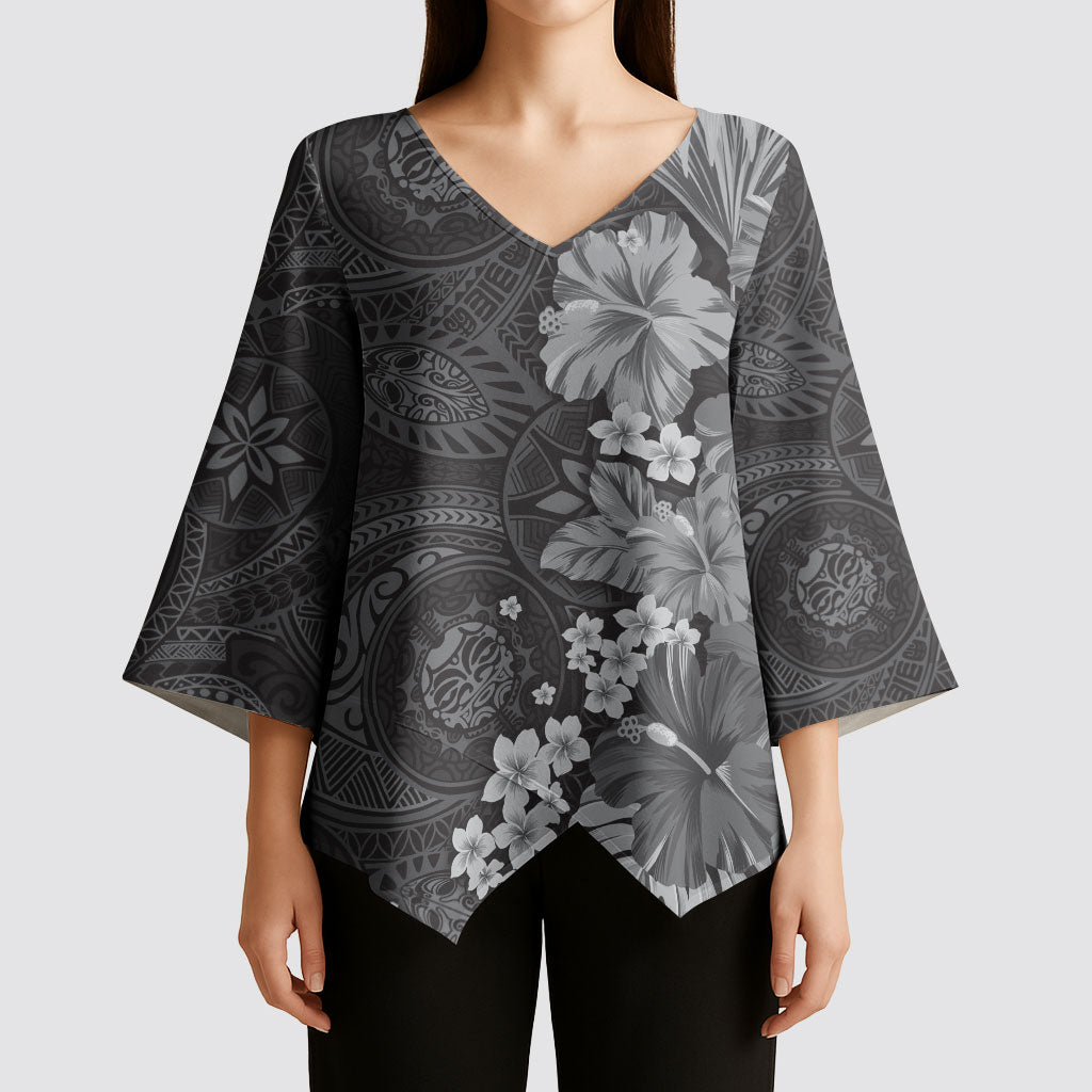 Pauli Hawai'i Hibiscus Kimono Sleeve Blouse Polynesian Tribal Tattoo Pattern Floral Elements