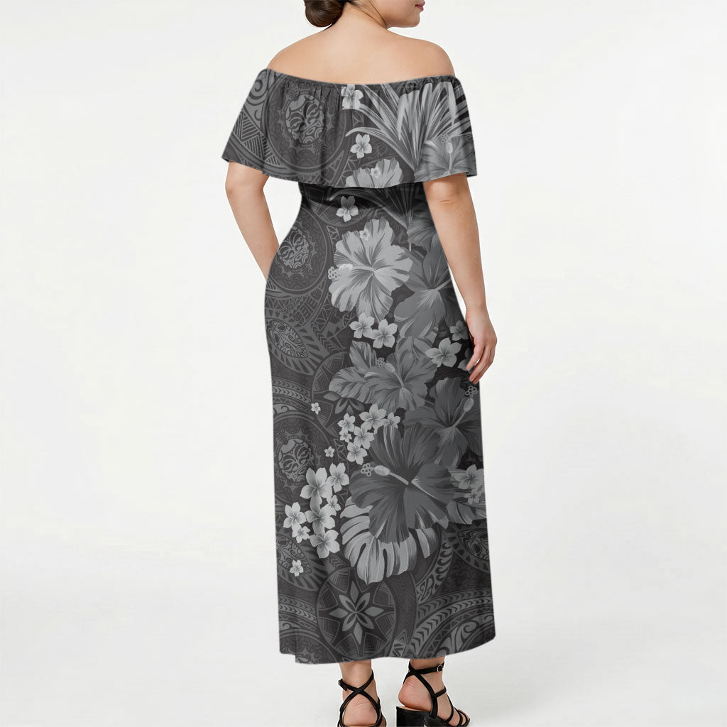 Pauli Hawai'i Hibiscus Off Shoulder Maxi Dress Polynesian Tribal Tattoo Pattern Floral Elements