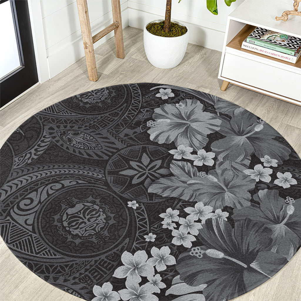 Pauli Hawai'i Hibiscus Round Carpet Polynesian Tribal Tattoo Pattern Floral Elements LT9 Soft Black - Polynesian Pride