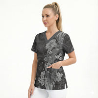 Pauli Hawai'i Hibiscus Scrub Top Polynesian Tribal Tattoo Pattern Floral Elements