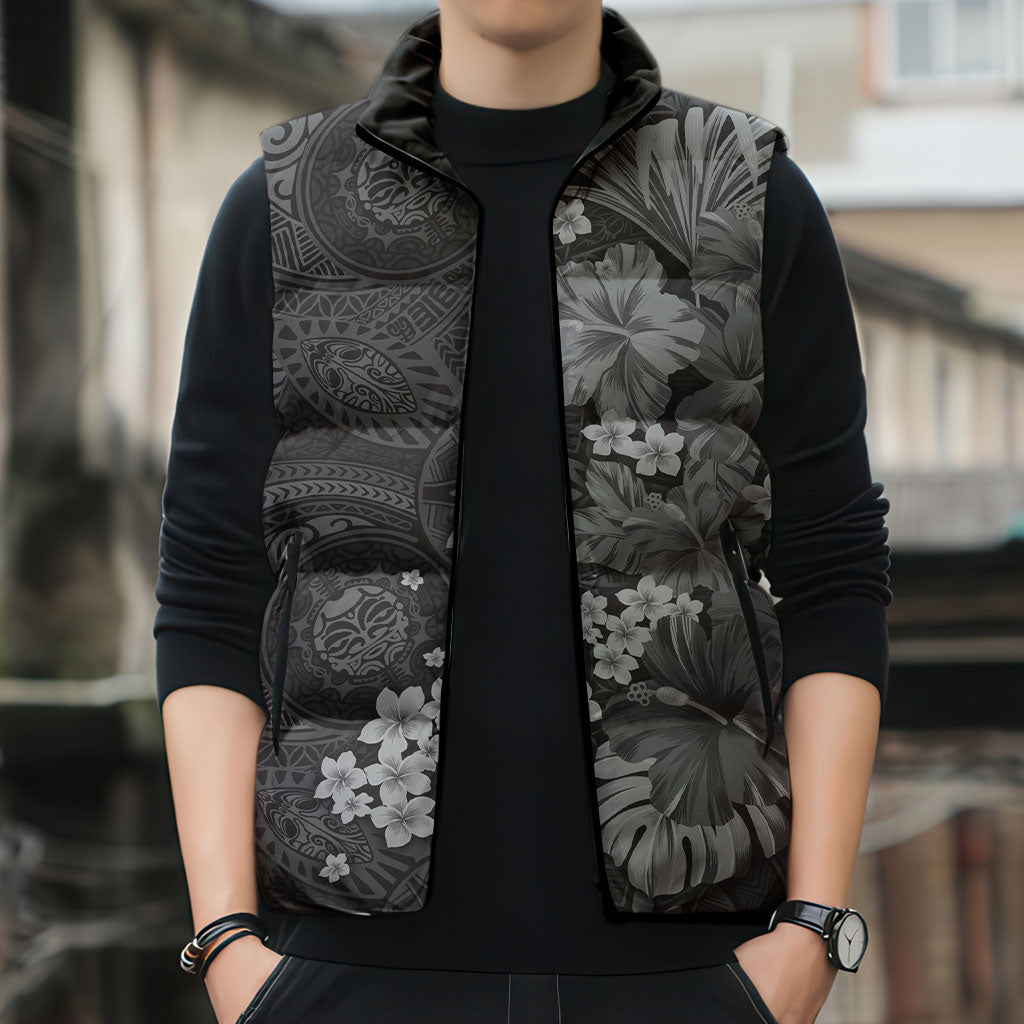 Pauli Hawai'i Hibiscus Sleeveless Puffer Jacket Polynesian Tribal Tattoo Pattern Floral Elements