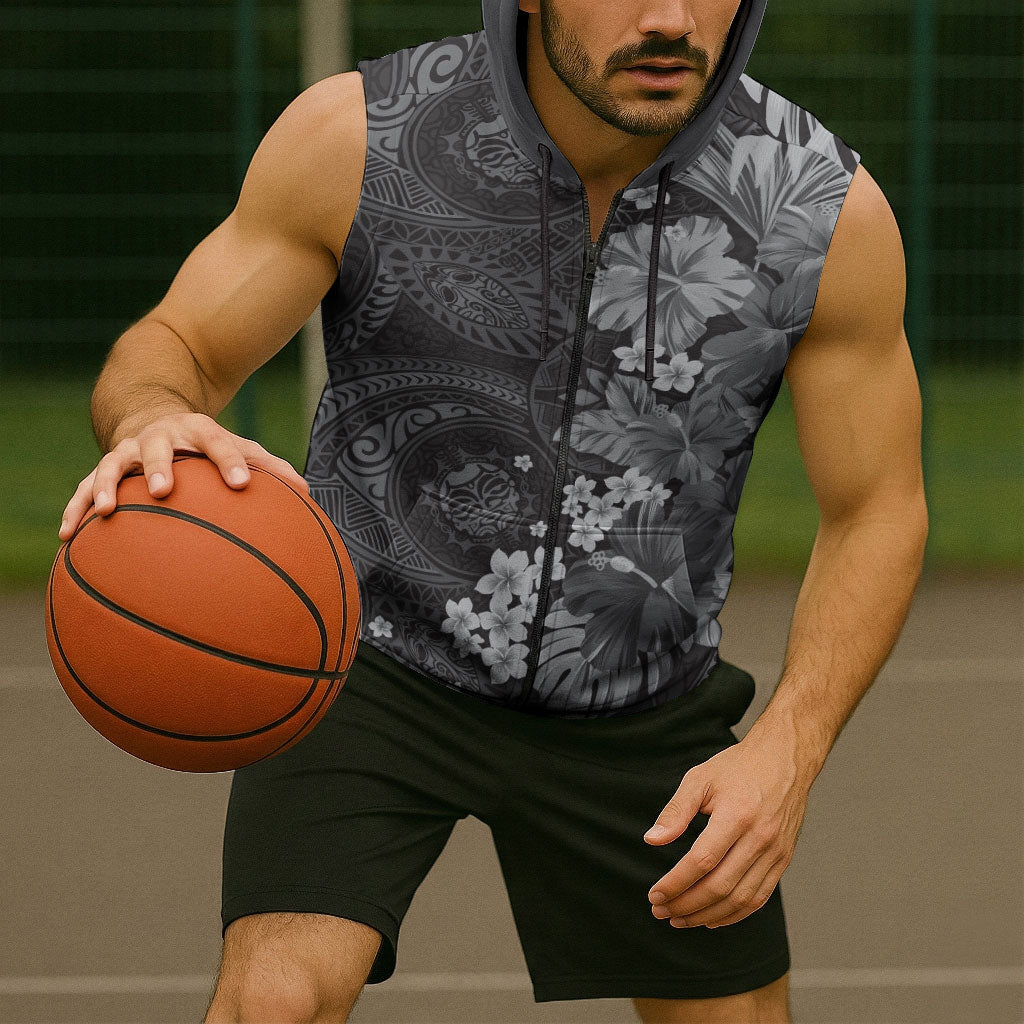 Pauli Hawai'i Hibiscus Sleeveless Zip Hoodie Polynesian Tribal Tattoo Pattern Floral Elements