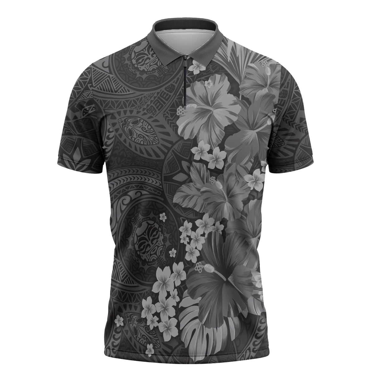 Pauli Hawai'i Hibiscus Zipper Polo Shirt Polynesian Tribal Tattoo Pattern Floral Elements