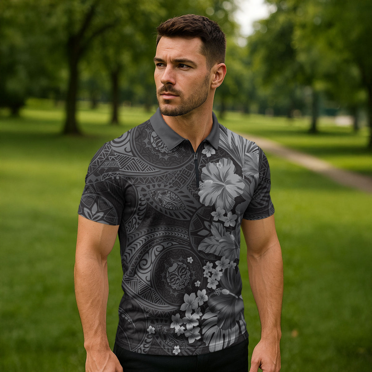 Pauli Hawai'i Hibiscus Zipper Polo Shirt Polynesian Tribal Tattoo Pattern Floral Elements