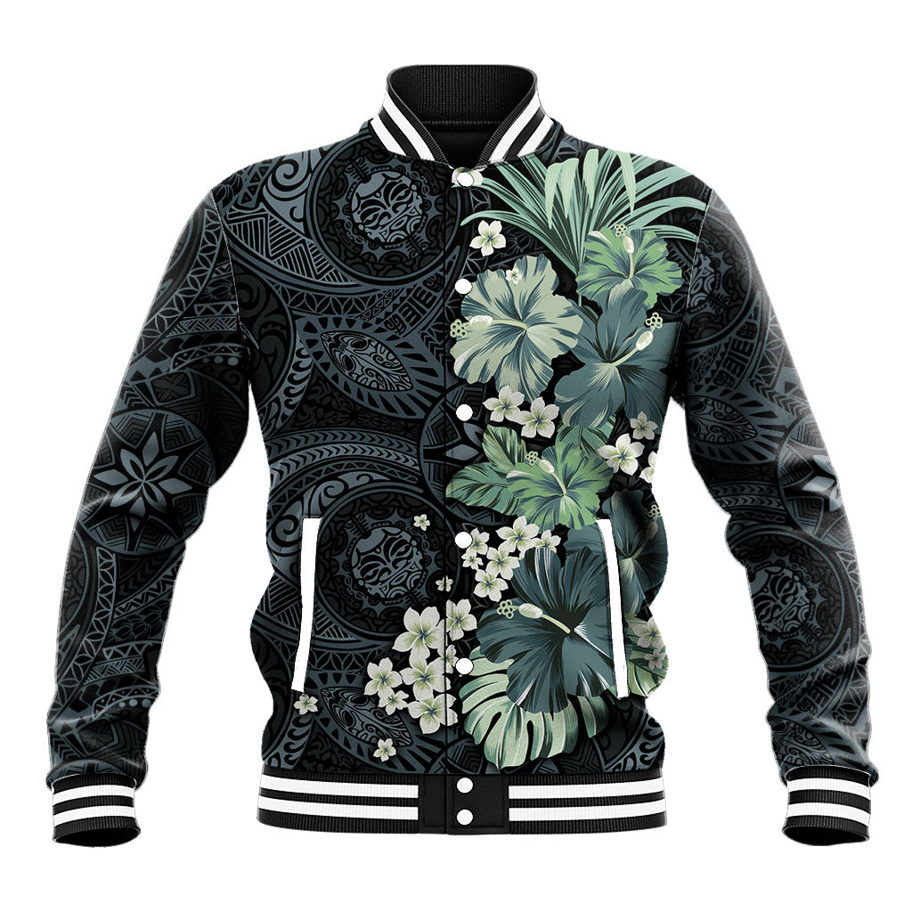 Pauliuli Hawai'i Hibiscus Baseball Jacket Polynesian Tribal Tattoo Pattern Floral Elements LT9 Unisex Charcoal Blue - Polynesian Pride