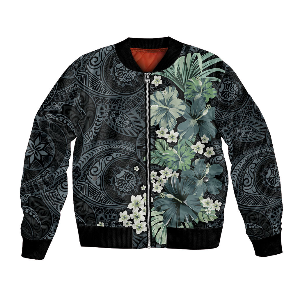 Pauliuli Hawai'i Hibiscus Bomber Jacket Polynesian Tribal Tattoo Pattern Floral Elements LT9 Unisex Charcoal Blue - Polynesian Pride
