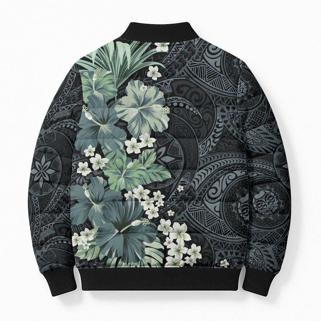 Pauliuli Hawai'i Hibiscus Bomber Puffer Jacket Polynesian Tribal Tattoo Pattern Floral Elements