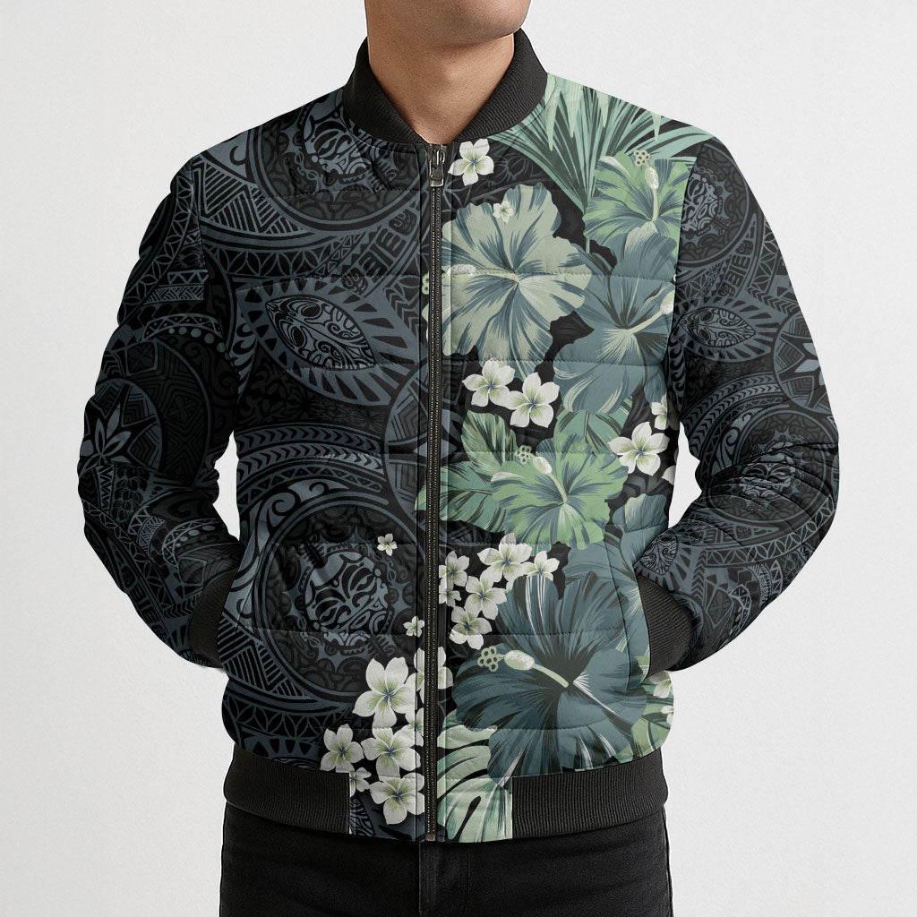 Pauliuli Hawai'i Hibiscus Bomber Puffer Jacket Polynesian Tribal Tattoo Pattern Floral Elements