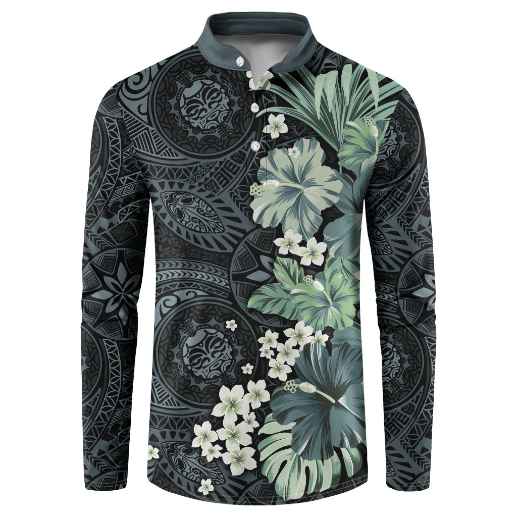 Pauliuli Hawai'i Hibiscus Button Sweatshirt Polynesian Tribal Tattoo Pattern Floral Elements