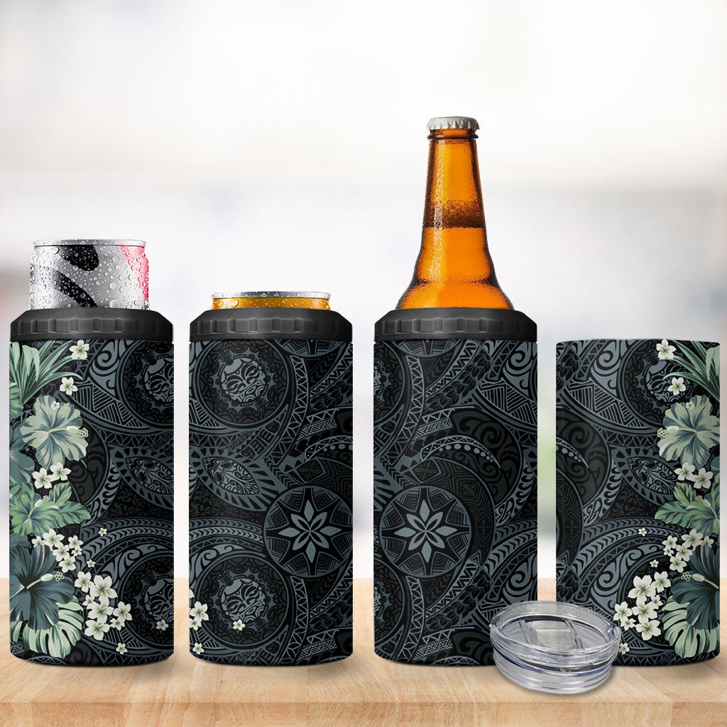 Pauliuli Hawai'i Hibiscus 4 in 1 Can Cooler Tumbler Polynesian Tribal Tattoo Pattern Floral Elements