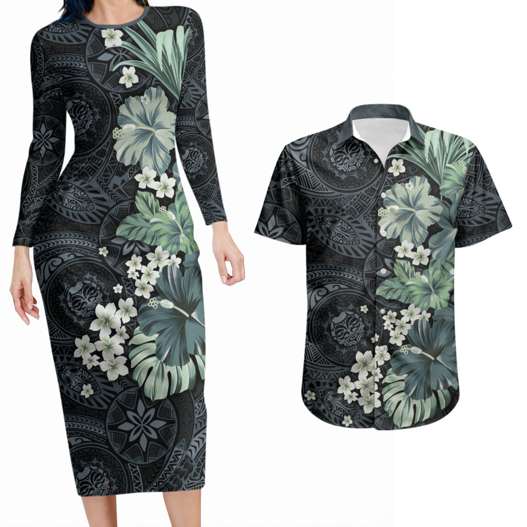 Pauliuli Hawai'i Hibiscus Couples Matching Long Sleeve Bodycon Dress and Hawaiian Shirt Polynesian Tribal Tattoo Pattern Floral Elements