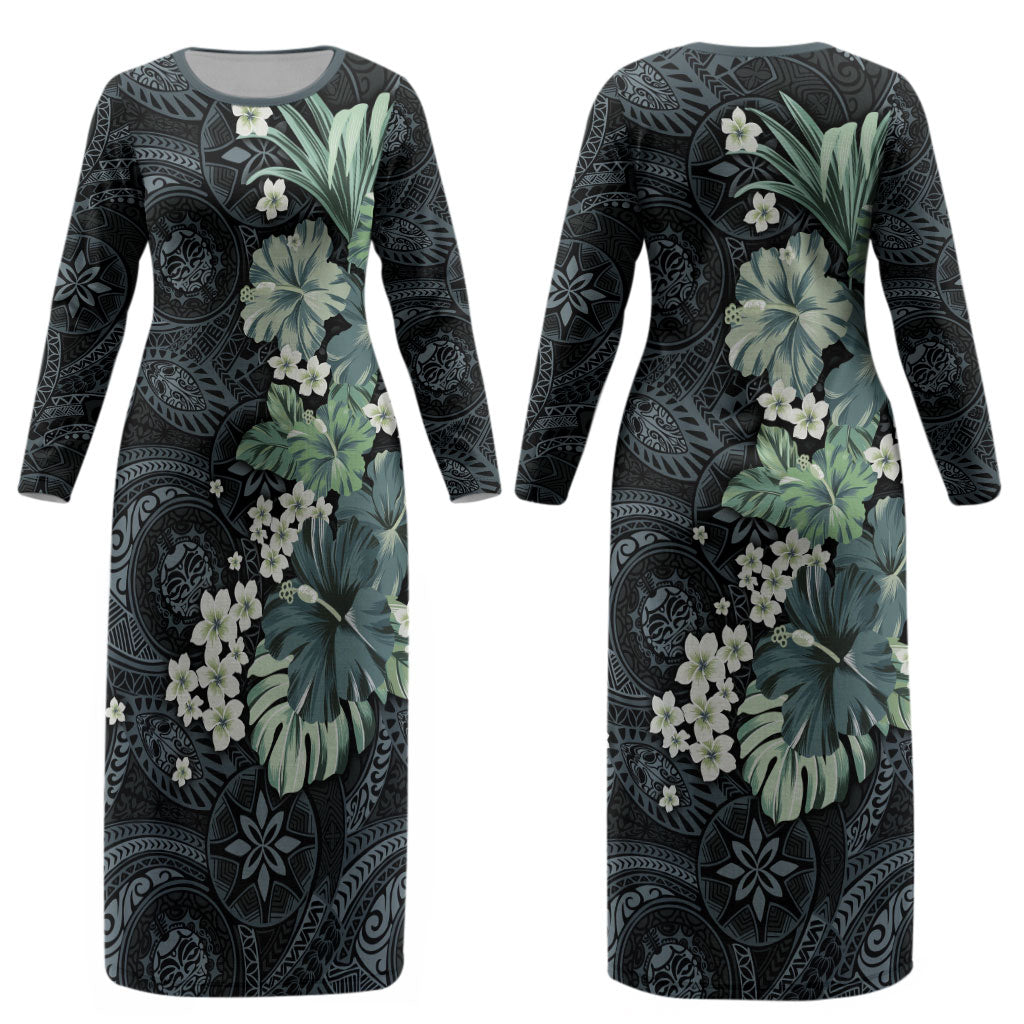 Pauliuli Hawai'i Hibiscus Couples Matching Long Sleeve Bodycon Dress and Long Sleeve Button Shirt Polynesian Tribal Tattoo Pattern Floral Elements