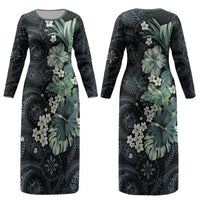 Pauliuli Hawai'i Hibiscus Couples Matching Long Sleeve Bodycon Dress and Long Sleeve Button Shirt Polynesian Tribal Tattoo Pattern Floral Elements