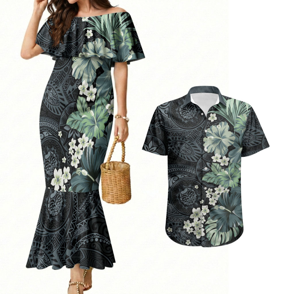 Pauliuli Hawai'i Hibiscus Couples Matching Mermaid Dress and Hawaiian Shirt Polynesian Tribal Tattoo Pattern Floral Elements