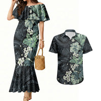 Pauliuli Hawai'i Hibiscus Couples Matching Mermaid Dress and Hawaiian Shirt Polynesian Tribal Tattoo Pattern Floral Elements