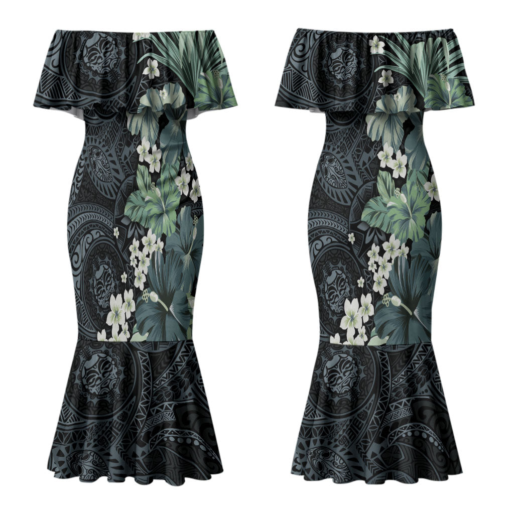 Pauliuli Hawai'i Hibiscus Couples Matching Mermaid Dress and Long Sleeve Button Shirt Polynesian Tribal Tattoo Pattern Floral Elements
