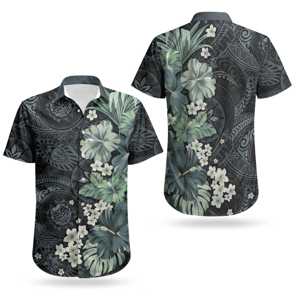 Pauliuli Hawai'i Hibiscus Couples Matching Off Shoulder Maxi Dress and Hawaiian Shirt Polynesian Tribal Tattoo Pattern Floral Elements