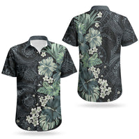 Pauliuli Hawai'i Hibiscus Couples Matching Off Shoulder Maxi Dress and Hawaiian Shirt Polynesian Tribal Tattoo Pattern Floral Elements
