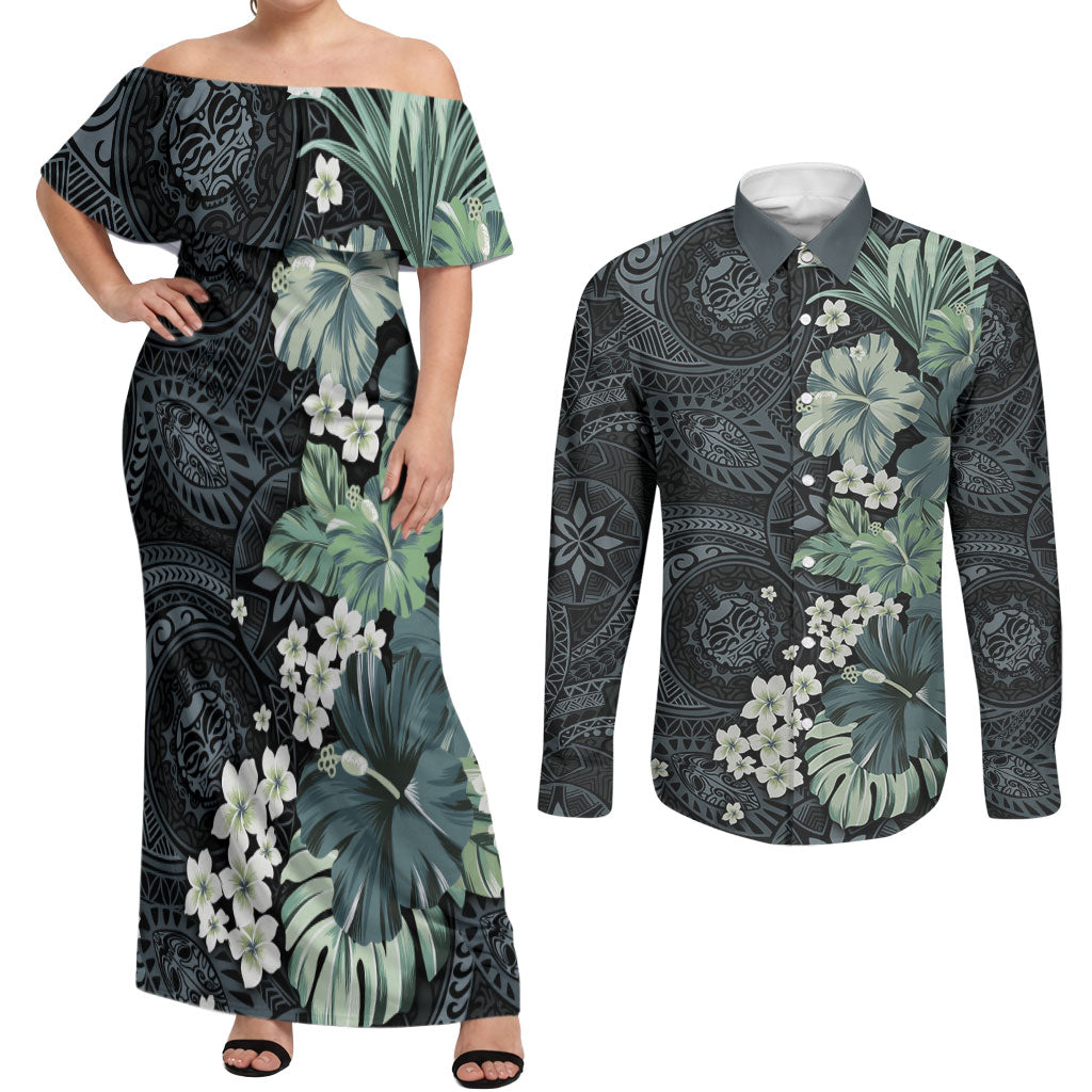 Pauliuli Hawai'i Hibiscus Couples Matching Off Shoulder Maxi Dress and Long Sleeve Button Shirt Polynesian Tribal Tattoo Pattern Floral Elements