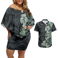 Pauliuli Hawai'i Hibiscus Couples Matching Off Shoulder Short Dress and Hawaiian Shirt Polynesian Tribal Tattoo Pattern Floral Elements