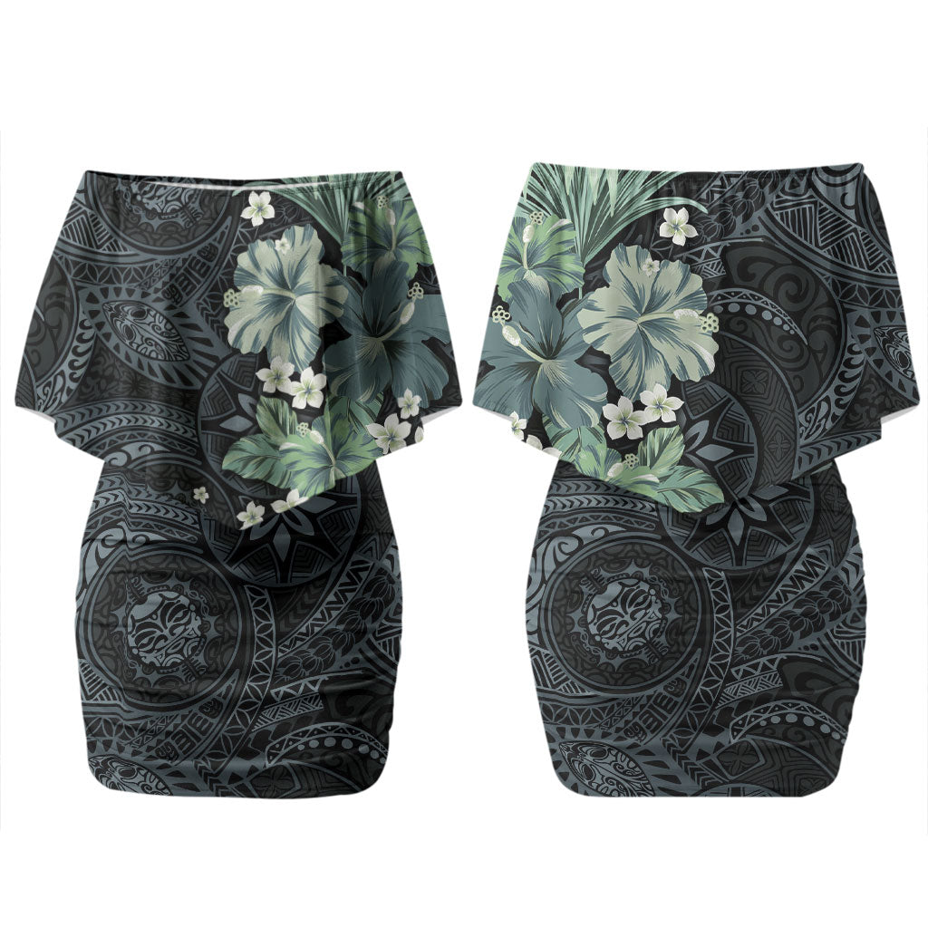Pauliuli Hawai'i Hibiscus Couples Matching Off Shoulder Short Dress and Long Sleeve Button Shirt Polynesian Tribal Tattoo Pattern Floral Elements