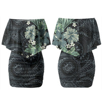 Pauliuli Hawai'i Hibiscus Couples Matching Off Shoulder Short Dress and Long Sleeve Button Shirt Polynesian Tribal Tattoo Pattern Floral Elements