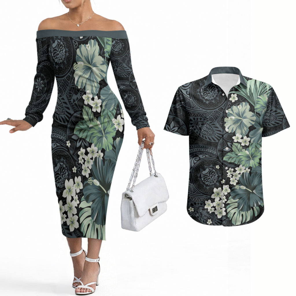 Pauliuli Hawai'i Hibiscus Couples Matching Off The Shoulder Long Sleeve Dress and Hawaiian Shirt Polynesian Tribal Tattoo Pattern Floral Elements LT9 Charcoal Blue - Polynesian Pride