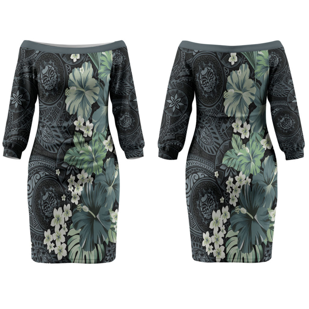 Pauliuli Hawai'i Hibiscus Couples Matching Off The Shoulder Long Sleeve Dress and Long Sleeve Button Shirt Polynesian Tribal Tattoo Pattern Floral Elements