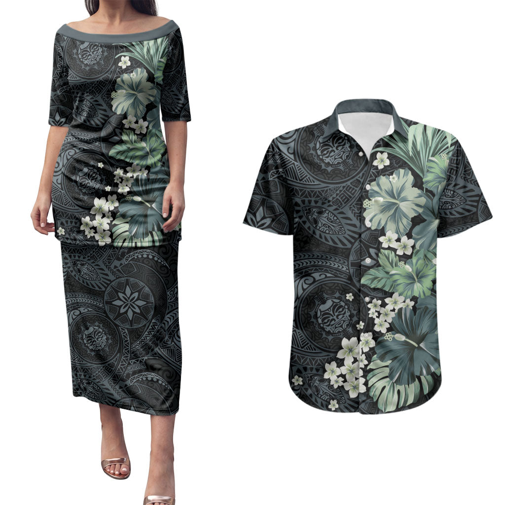 Pauliuli Hawai'i Hibiscus Couples Matching Puletasi and Hawaiian Shirt Polynesian Tribal Tattoo Pattern Floral Elements