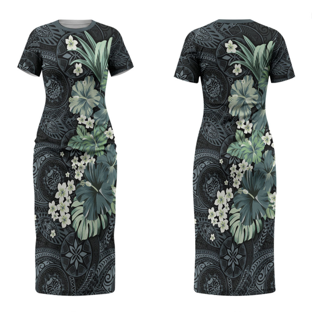 Pauliuli Hawai'i Hibiscus Couples Matching Short Sleeve Bodycon Dress and Hawaiian Shirt Polynesian Tribal Tattoo Pattern Floral Elements