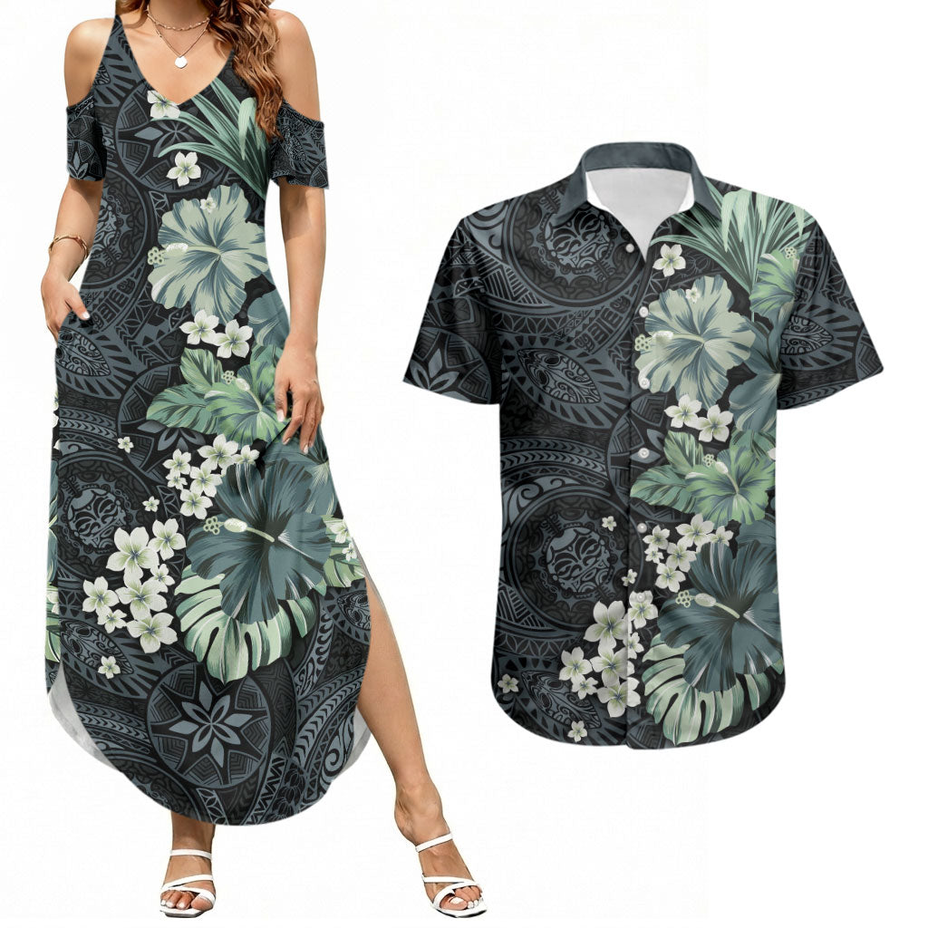Pauliuli Hawai'i Hibiscus Couples Matching Summer Maxi Dress and Hawaiian Shirt Polynesian Tribal Tattoo Pattern Floral Elements