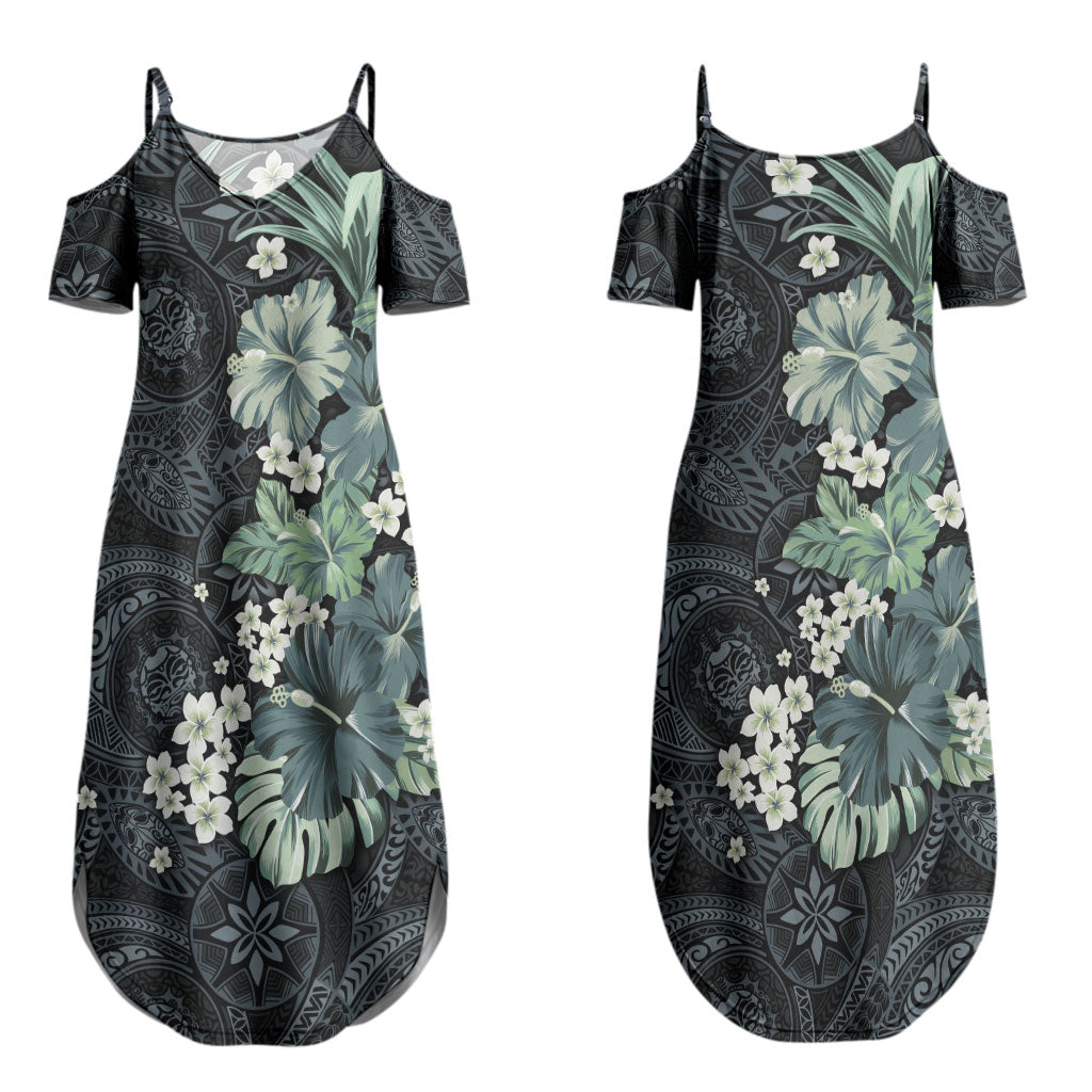 Pauliuli Hawai'i Hibiscus Couples Matching Summer Maxi Dress and Long Sleeve Button Shirt Polynesian Tribal Tattoo Pattern Floral Elements