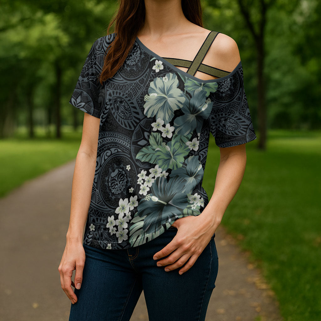 Pauliuli Hawai'i Hibiscus Cross Shoulder Shirt Polynesian Tribal Tattoo Pattern Floral Elements