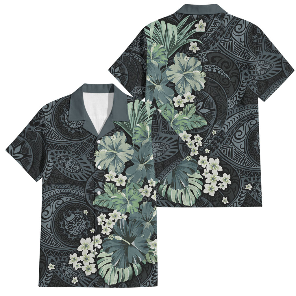 Pauliuli Hawai'i Hibiscus Family Matching Off The Shoulder Long Sleeve Dress and Hawaiian Shirt Polynesian Tribal Tattoo Pattern Floral Elements