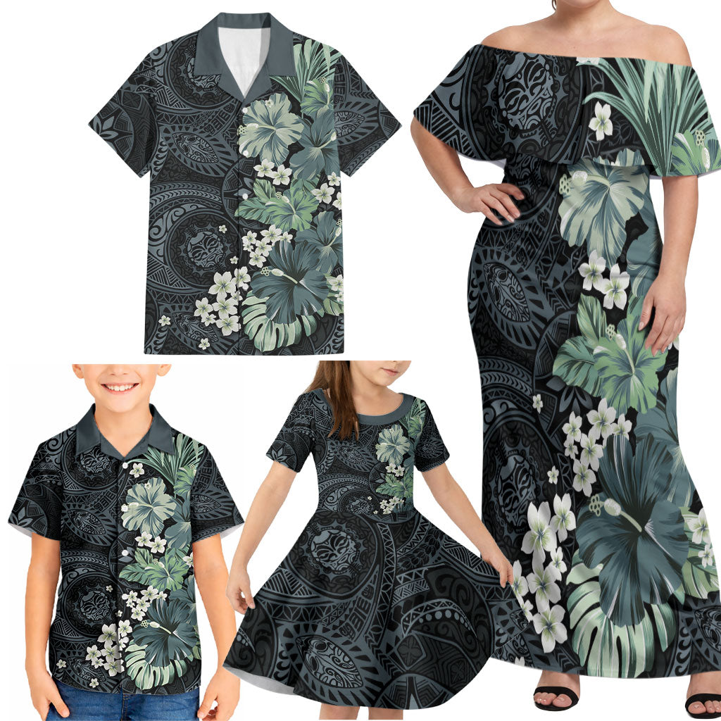 Pauliuli Hawai'i Hibiscus Family Matching Off Shoulder Maxi Dress and Hawaiian Shirt Polynesian Tribal Tattoo Pattern Floral Elements