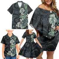 Pauliuli Hawai'i Hibiscus Family Matching Off Shoulder Short Dress and Hawaiian Shirt Polynesian Tribal Tattoo Pattern Floral Elements