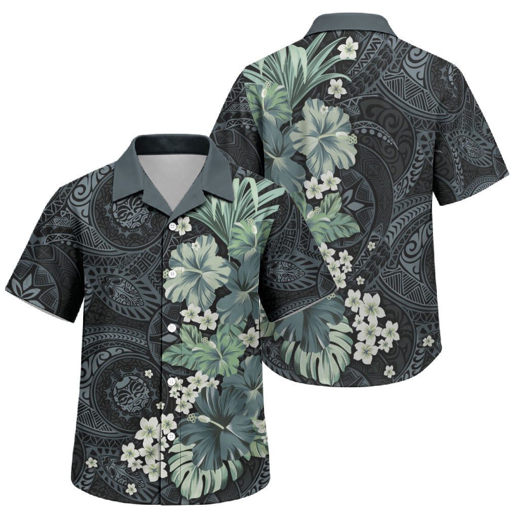 Pauliuli Hawai'i Hibiscus Family Matching Off Shoulder Short Dress and Hawaiian Shirt Polynesian Tribal Tattoo Pattern Floral Elements