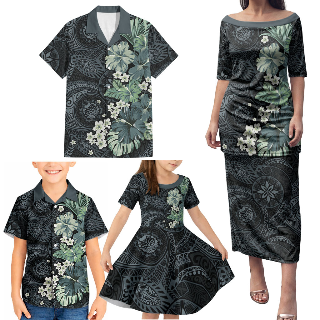 Pauliuli Hawai'i Hibiscus Family Matching Puletasi and Hawaiian Shirt Polynesian Tribal Tattoo Pattern Floral Elements