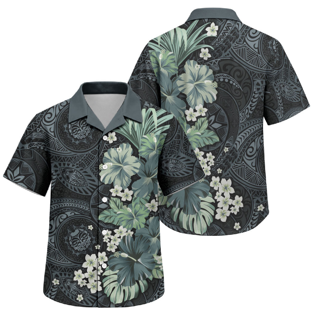 Pauliuli Hawai'i Hibiscus Family Matching Puletasi and Hawaiian Shirt Polynesian Tribal Tattoo Pattern Floral Elements