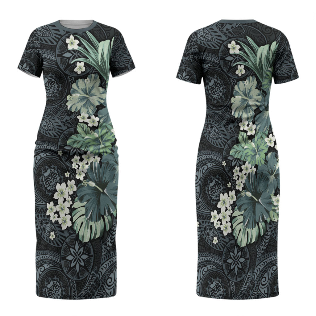 Pauliuli Hawai'i Hibiscus Family Matching Short Sleeve Bodycon Dress and Hawaiian Shirt Polynesian Tribal Tattoo Pattern Floral Elements