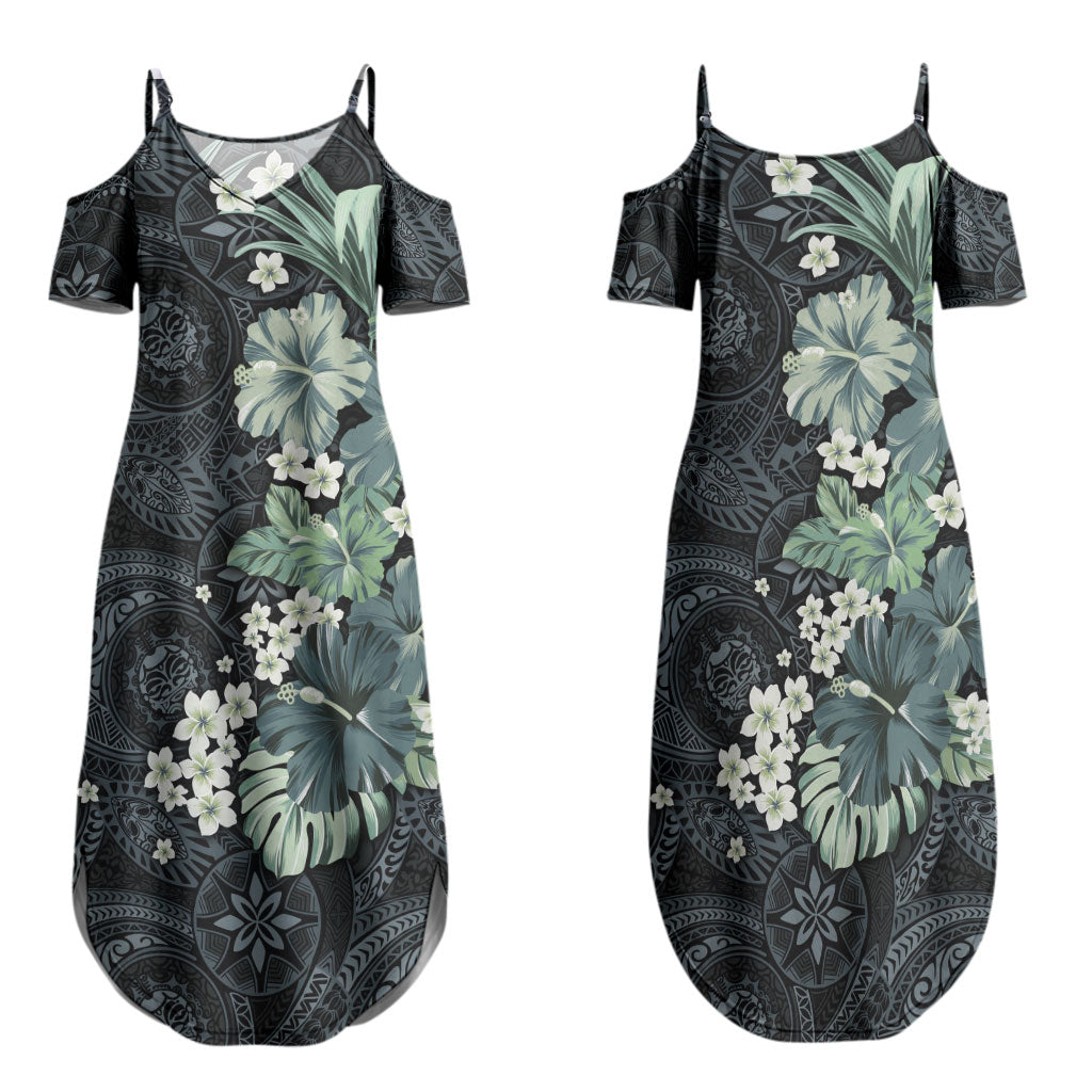 Pauliuli Hawai'i Hibiscus Family Matching Summer Maxi Dress and Hawaiian Shirt Polynesian Tribal Tattoo Pattern Floral Elements