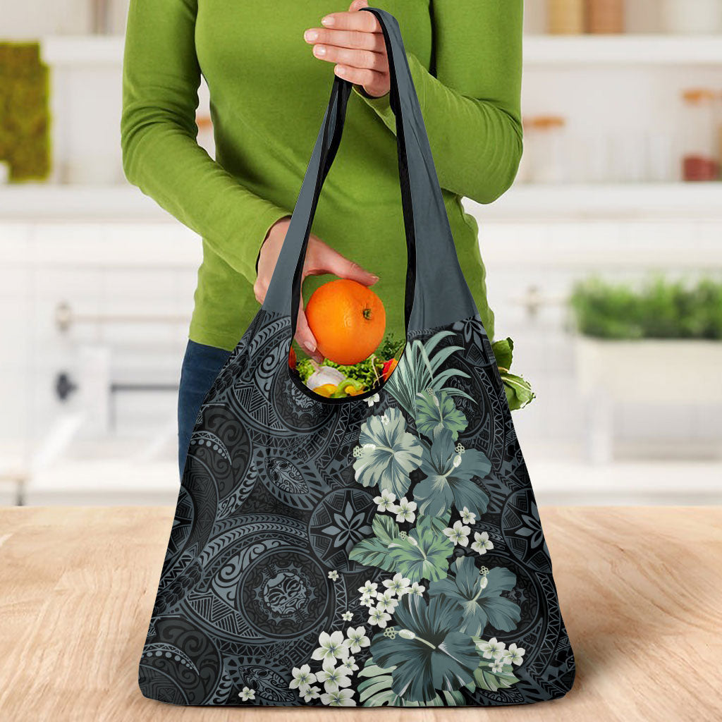 Pauliuli Hawai'i Hibiscus Grocery Bag Polynesian Tribal Tattoo Pattern Floral Elements