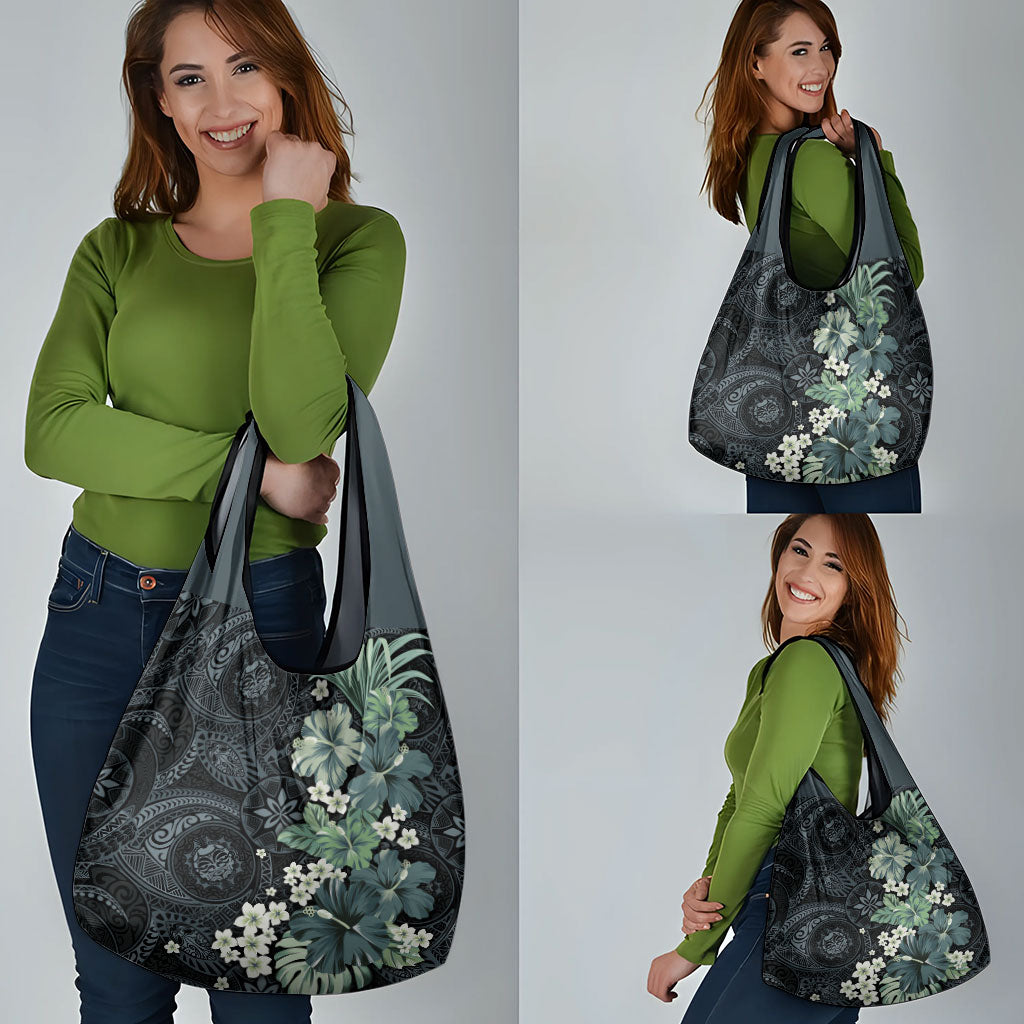 Pauliuli Hawai'i Hibiscus Grocery Bag Polynesian Tribal Tattoo Pattern Floral Elements