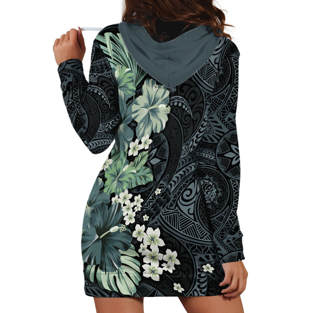 Pauliuli Hawai'i Hibiscus Hoodie Dress Polynesian Tribal Tattoo Pattern Floral Elements