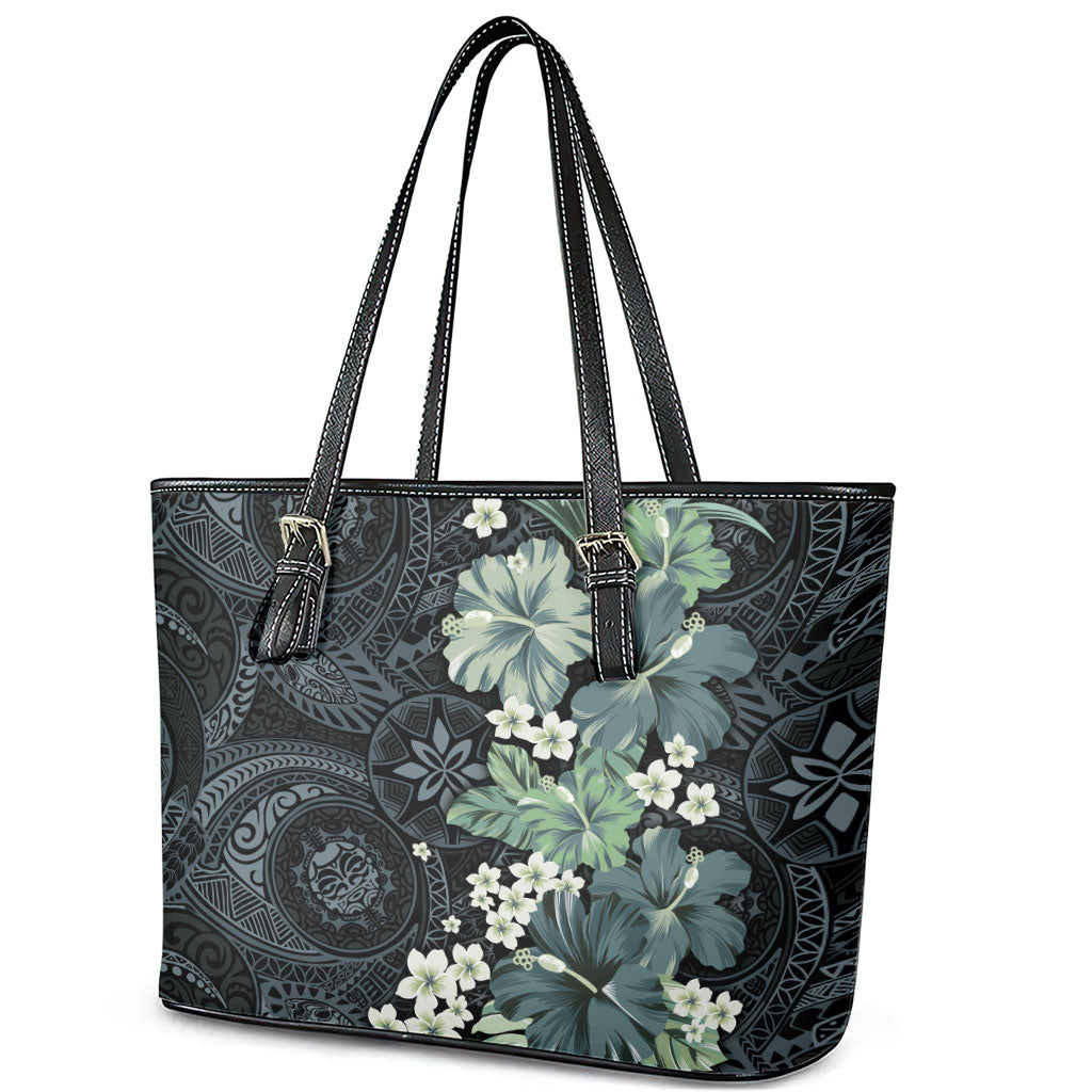 Pauliuli Hawai'i Hibiscus Leather Tote Bag Polynesian Tribal Tattoo Pattern Floral Elements
