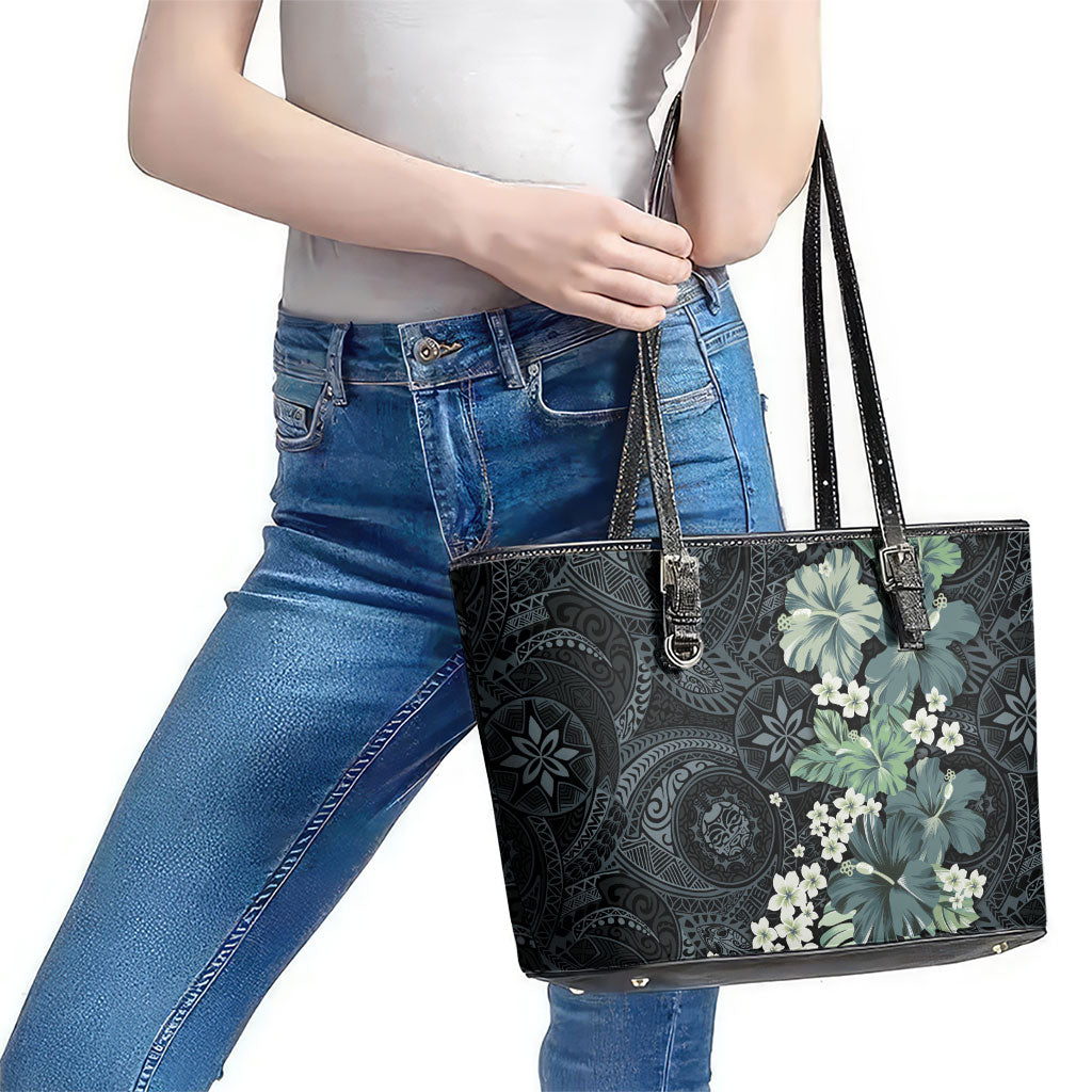 Pauliuli Hawai'i Hibiscus Leather Tote Bag Polynesian Tribal Tattoo Pattern Floral Elements