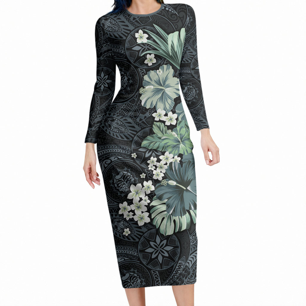 Pauliuli Hawai'i Hibiscus Long Sleeve Bodycon Dress Polynesian Tribal Tattoo Pattern Floral Elements