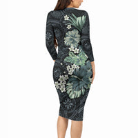 Pauliuli Hawai'i Hibiscus Long Sleeve Bodycon Dress Polynesian Tribal Tattoo Pattern Floral Elements